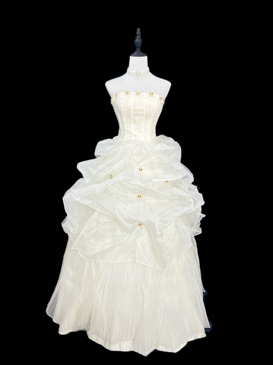 Retro Ball Gown Strapless Organza 80s White Long Wedding Dress Bride Gowns Wedding Dresses AU110