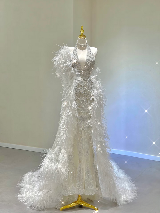 Vintage Mermaid Halter V Neck Sequin Lace Long Wedding Dress Fairy Formal Sparkly Wedding Dresses AU127