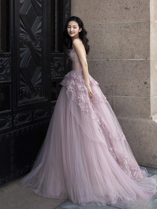 Modest Ball Gown Square Neck Pink Tulle Appliques Prom Dresses Inspiration Prom Dress Princess Party Birthday Graduation Outfits AU128