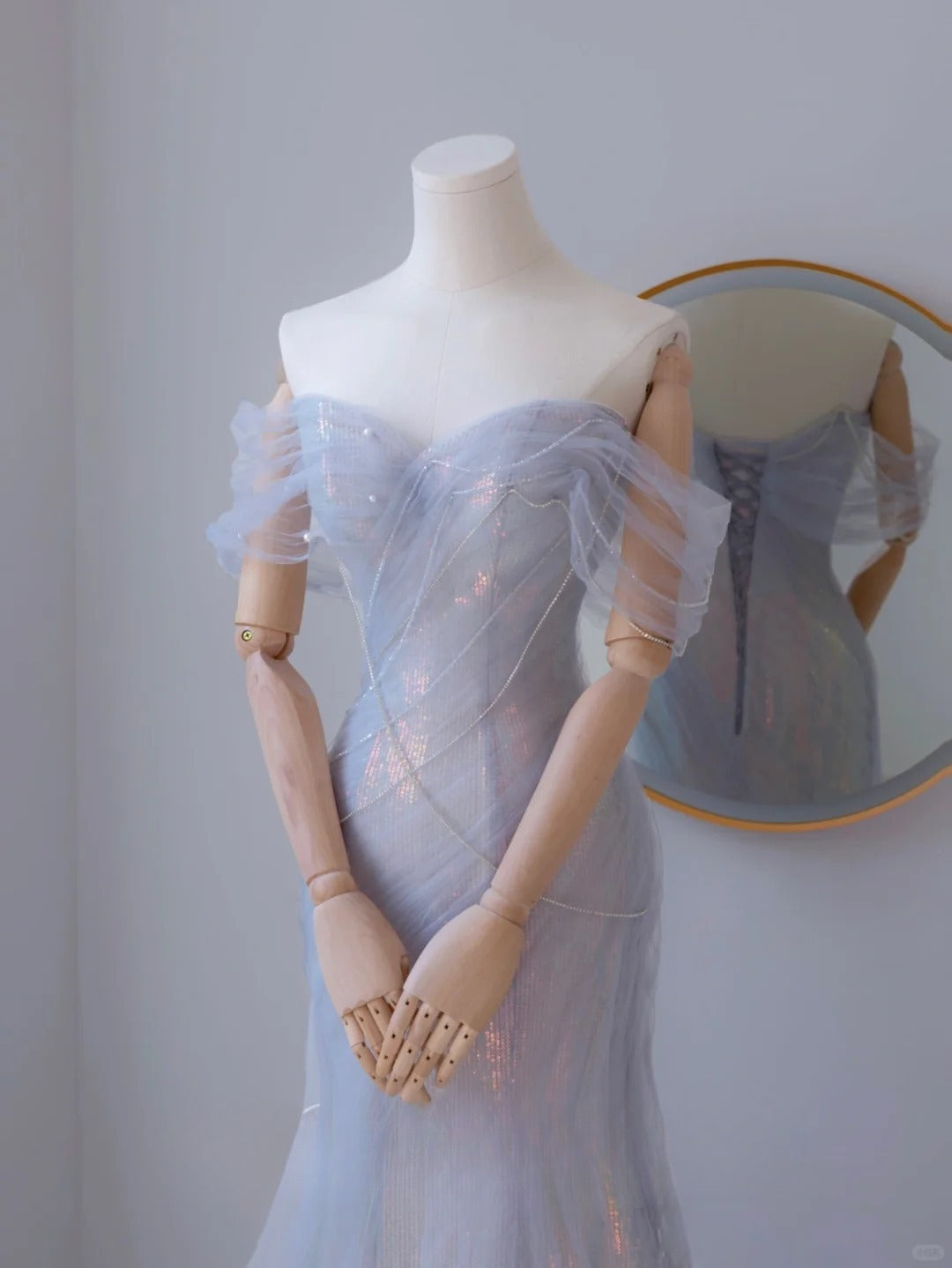 Sexy Meerjungfrauen-Abendkleid in Flieder mit schulterfreiem Ausschnitt, kurzen Ärmeln und Perlenbesatz, langes formelles Partykleid, Ballkleid AU134