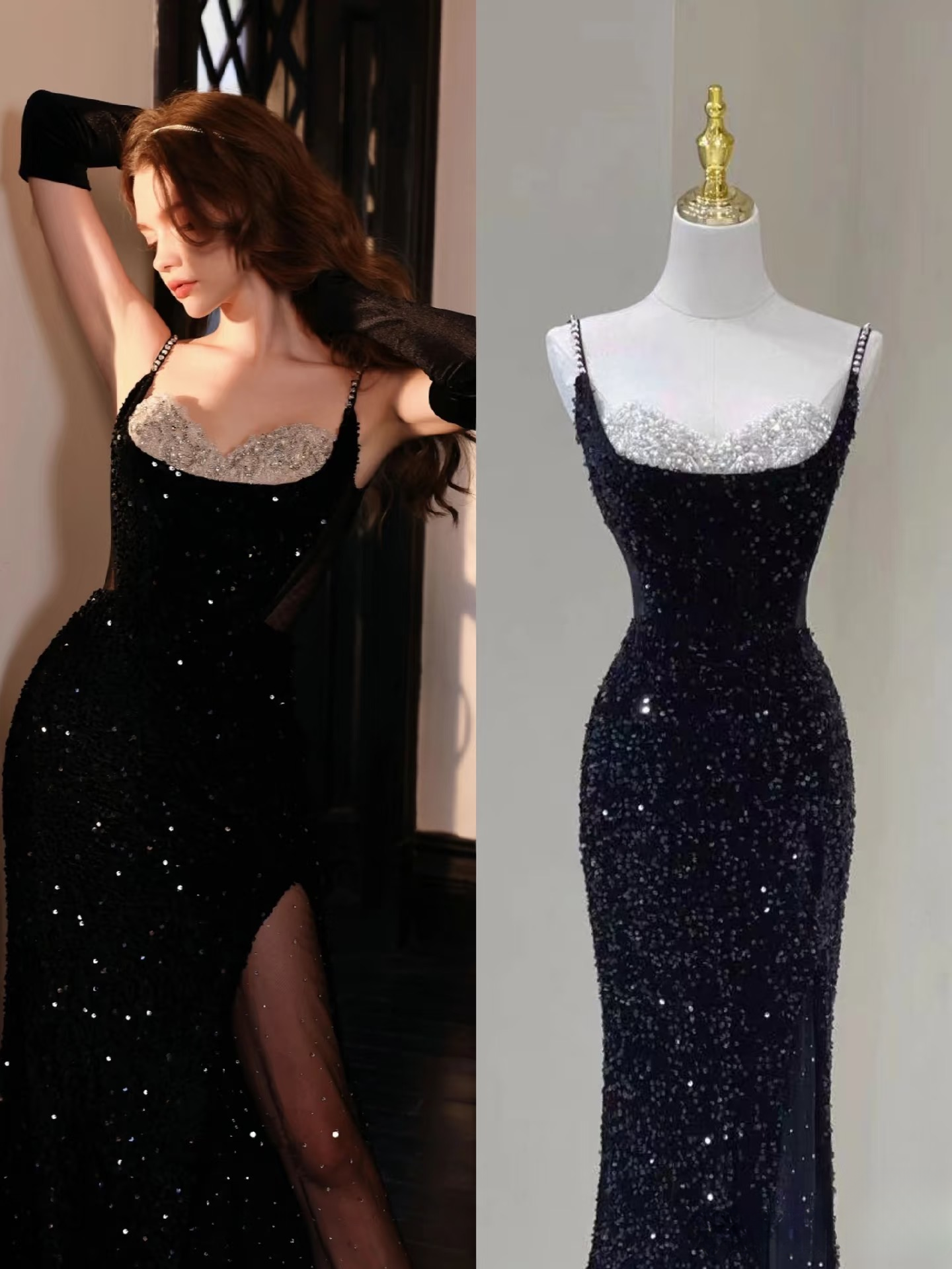 Sexy Mermaid Spaghetti Straps Black Sequin Prom Dress Inspiration Long Party Formal Prom Dresses AU140