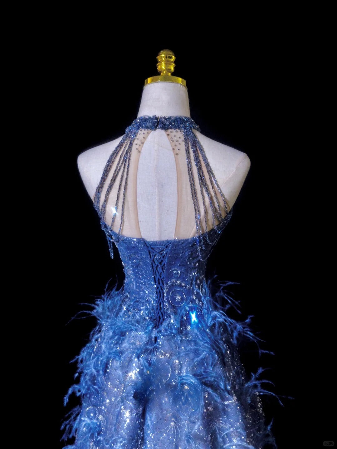 Glitter A Line Halter Blue With Feathers Sequined Prom Dresses Long Evening Party Formal Outfits RB6604
