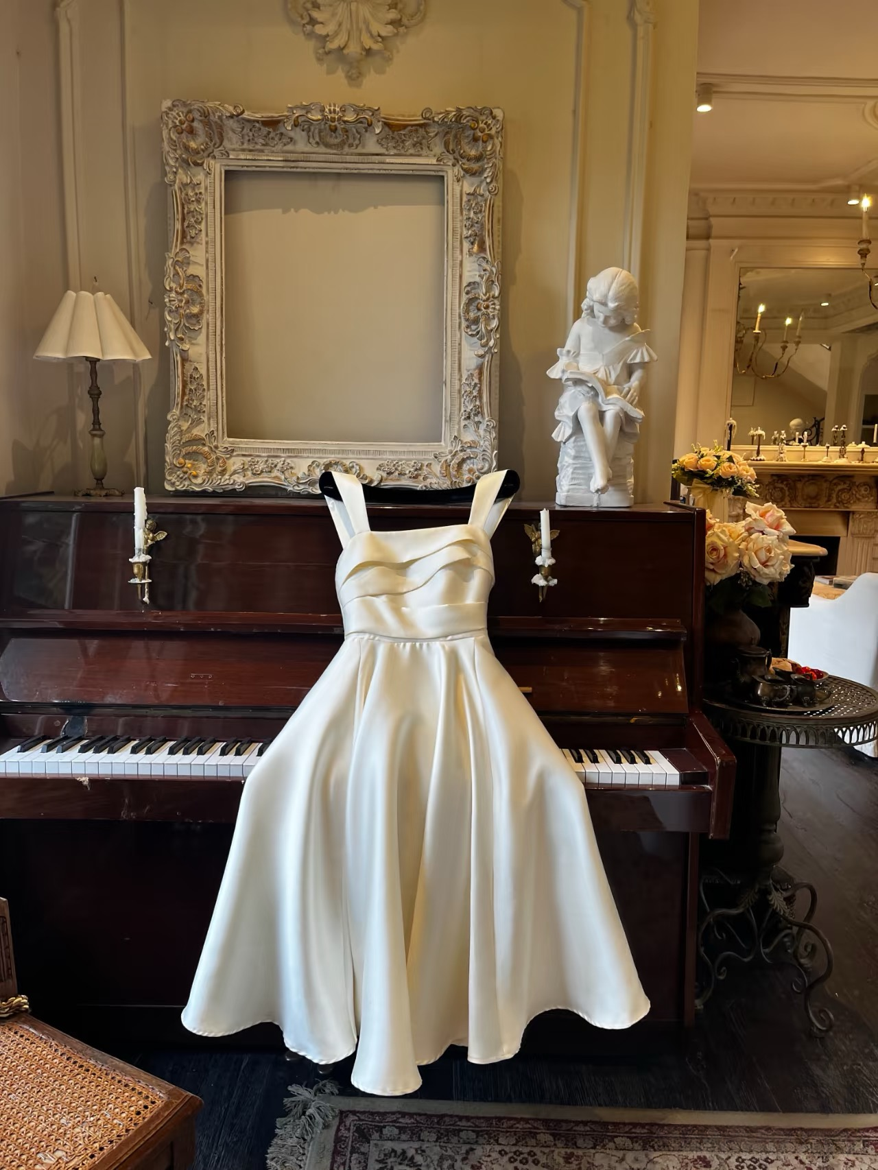 Elegant A Line Square Neck White Satin Tea Length Prom Dresses Party Gowns AU150