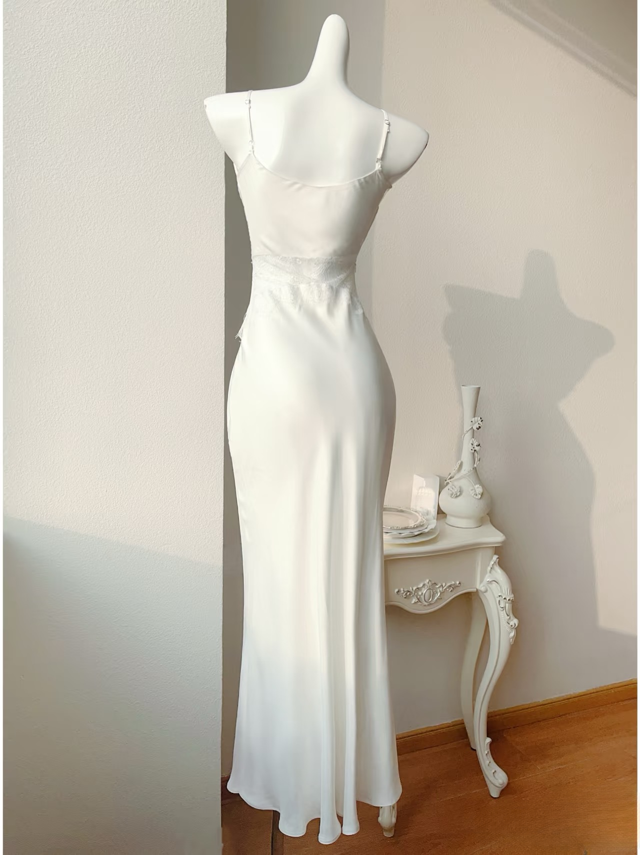 Modest long mermaid spaghetti straps white silk satin prom dress Formal Party Gown AU153