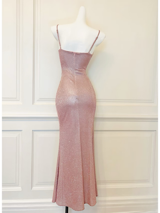 Modest long mermaid spaghetti straps pink sequins prom dress Formal Party Gown AU154