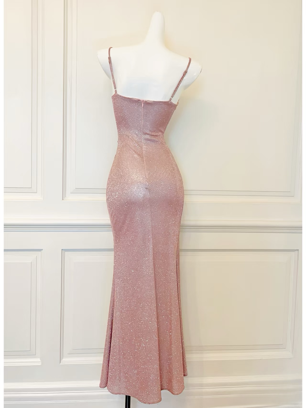 Modest long mermaid spaghetti straps pink sequins prom dress Formal Party Gown AU154