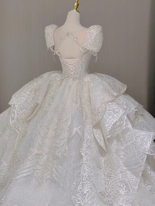 Dream Ball Gown V neck Short Sleeves White Lace Long Wedding Dress Fairytale Autumn Spring Wedding Dresses AU160