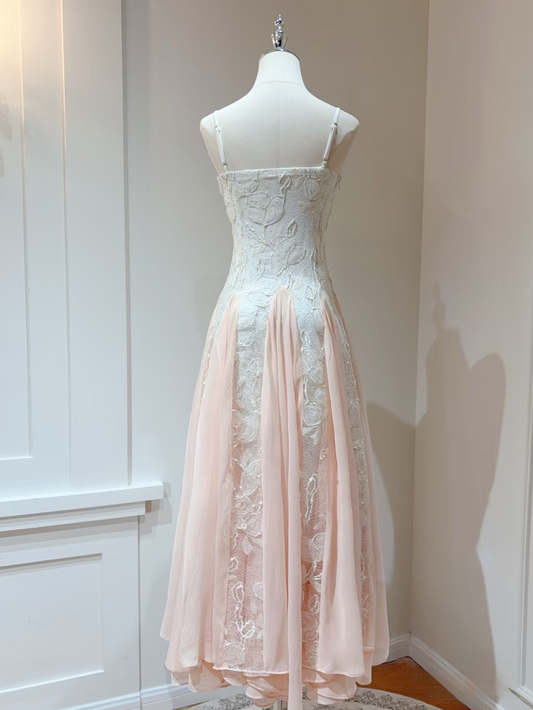 Vintage Prom Dresses A line Spaghetti Strap Sleeveless Pink Lace Prom Dress Inspiration Long Prom Dresses AU160