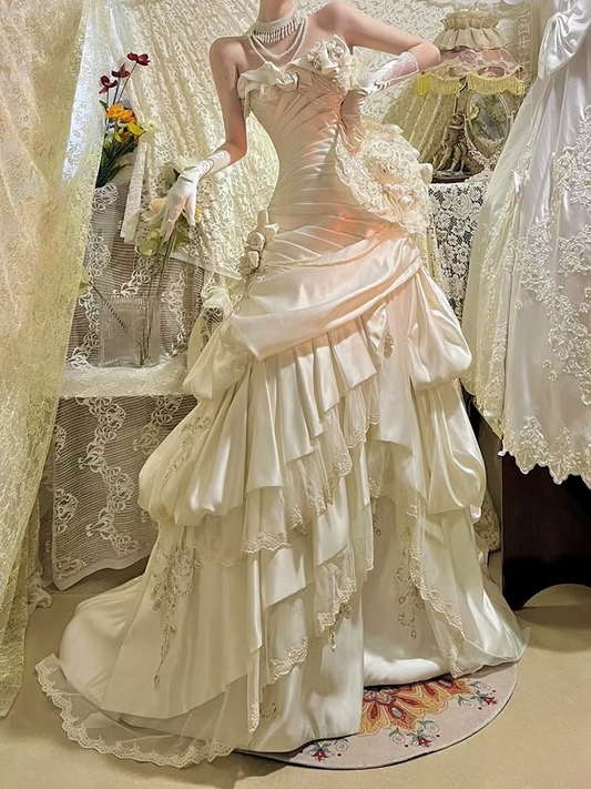Retro Mermaid Strapless Satin 70s White Fitted Long Wedding Dress Bride Gown Brides Dresses AU165