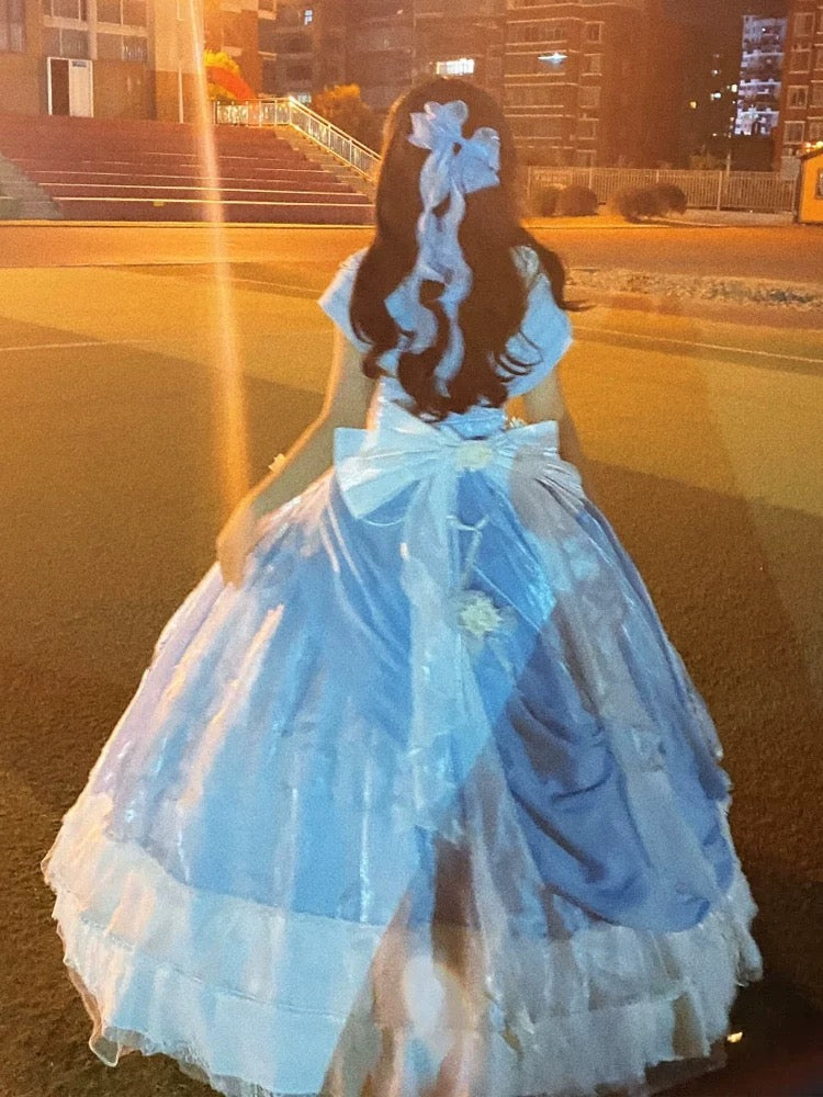 Robe de Quinceanera modeste, robe de bal, épaules dénudées, bleue, robe d'anniversaire, robe de soirée formelle, longue, pour 16 ans, AU168