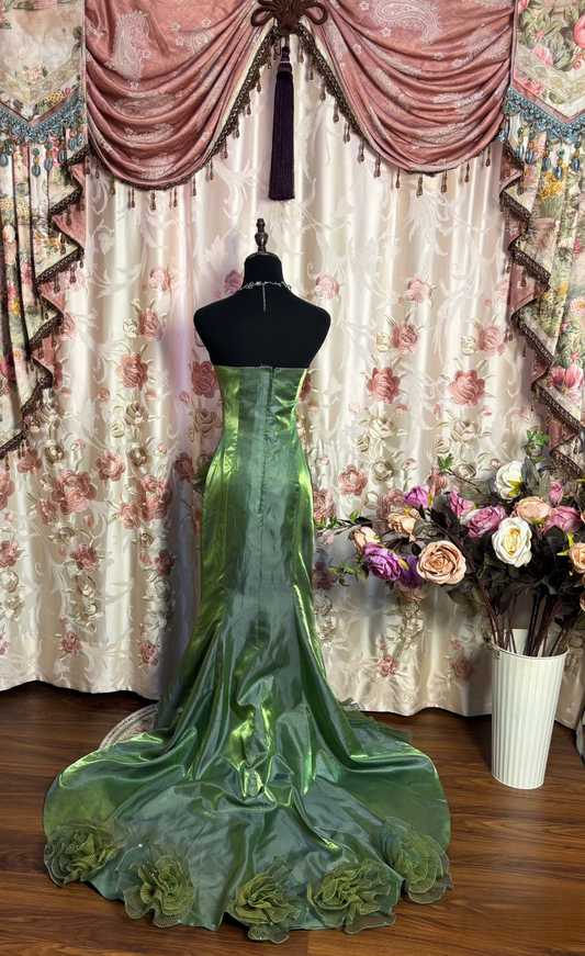 Robe de bal longue vintage sirène sans bretelles, en tulle vert à volants, style années 90, AU175