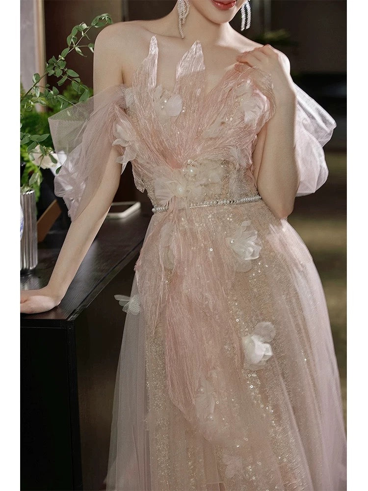 Elegantes Ballkleid aus der Schulter Pailletten erröten rosa lange Ballkleider Party formale Graduierung Kleid AU177