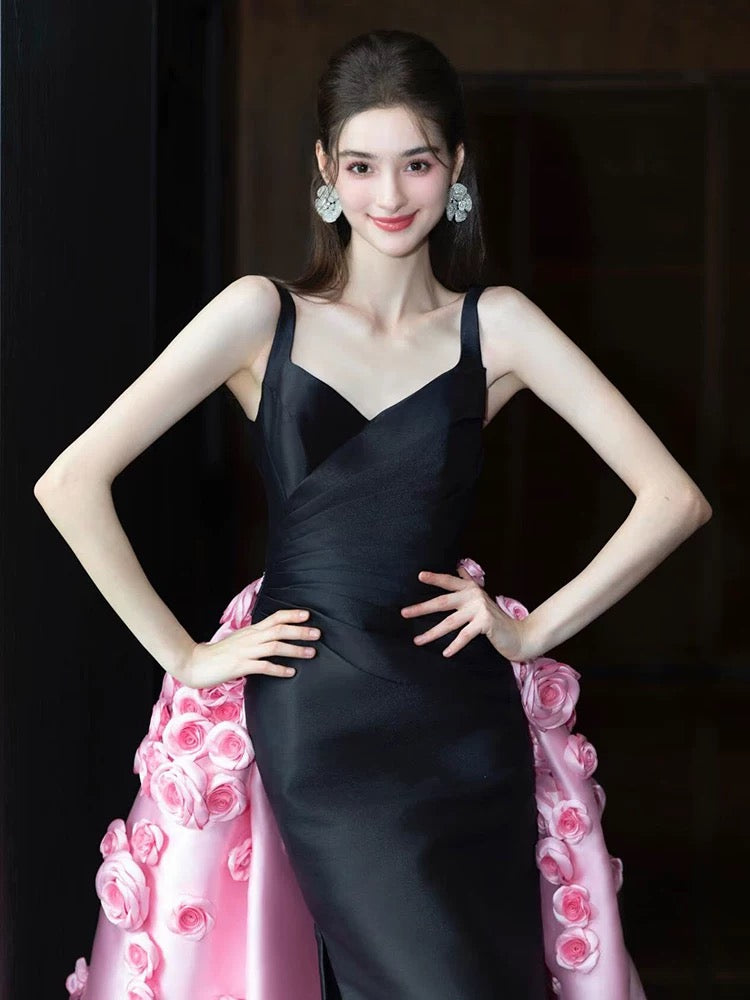 Sexy Meerjungfrau-Träger Schwarz Satin Lange Ballkleider Mit Rosa Blumen Partykleid Geburtstag Outfits Abschlusskleid AU181