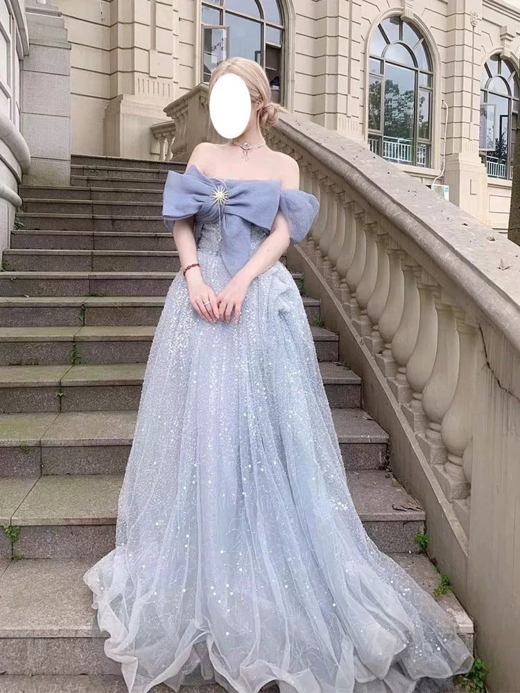 Beautiful Ball Gown Off The Shoulder Gray Sequin Prom Dress Inspiration Long Party Formal Prom Dresses AU187