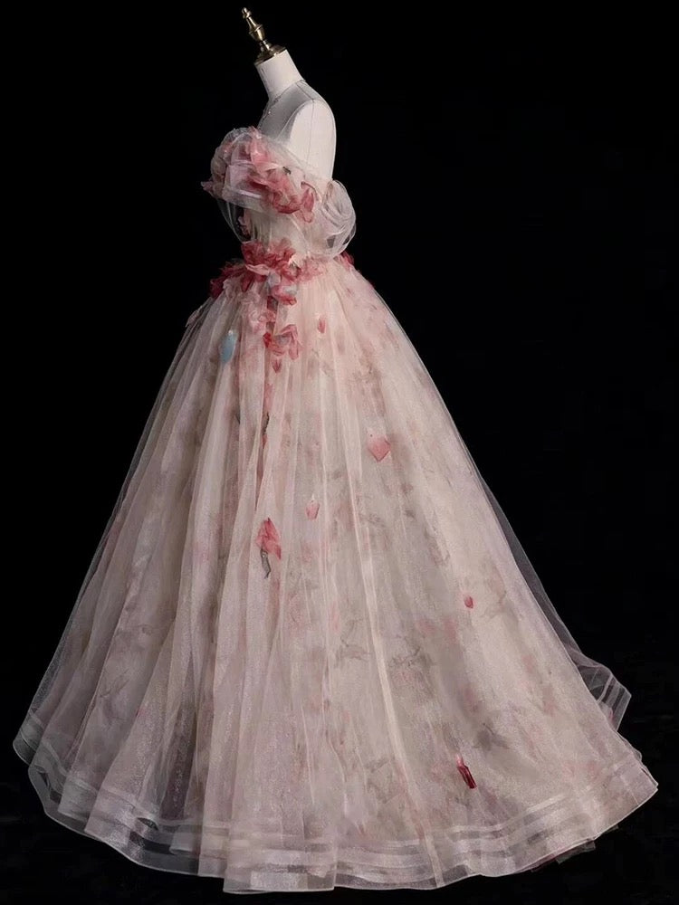 Bescheidenes Ballkleid aus schulterfreiem rosa Tüll, lange Ballkleider mit Ärmeln, Partykleid zum 18. Geburtstag, Outfits, Abschlusskleid AU201