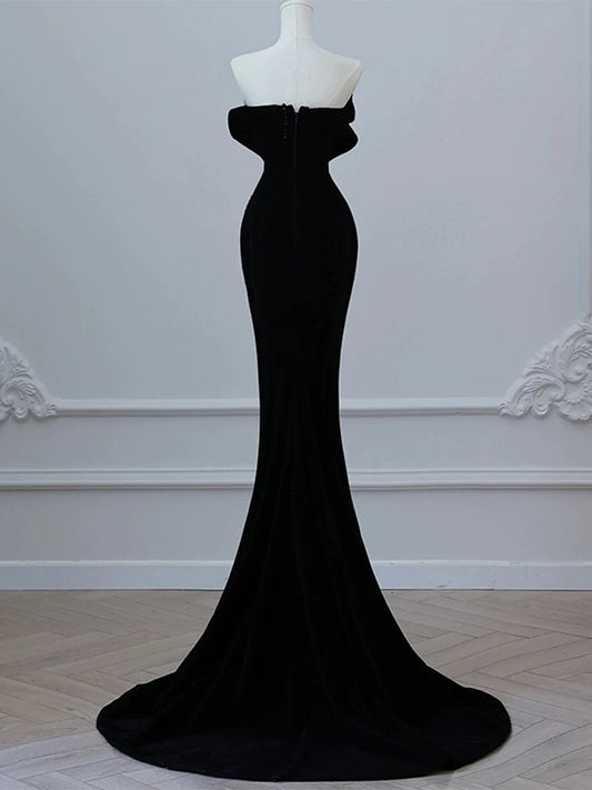 Elegant Mermaid Strapless Sleeveless Black Beads Long Prom Dresses Party Formal Graduation Dress AU203
