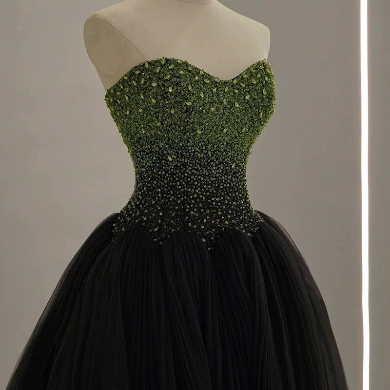 Sexy Ballkleid Schatz Schwarz Tüll Grün Perlen Prom Kleid Inspiration Lange Party Formale Prom Kleider AU207