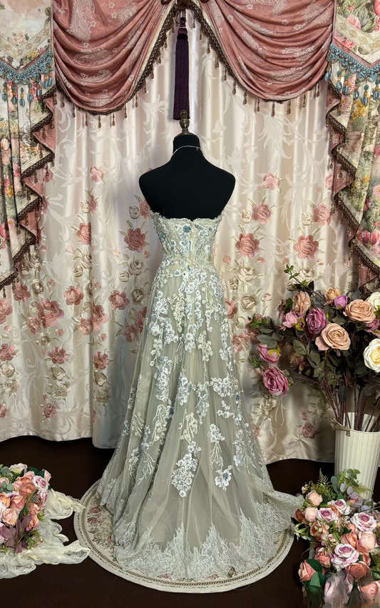 Retro A Line Strapless Gray Tulle With Lace Long Prom Dresses 80s 70s Prom Gowns AU208