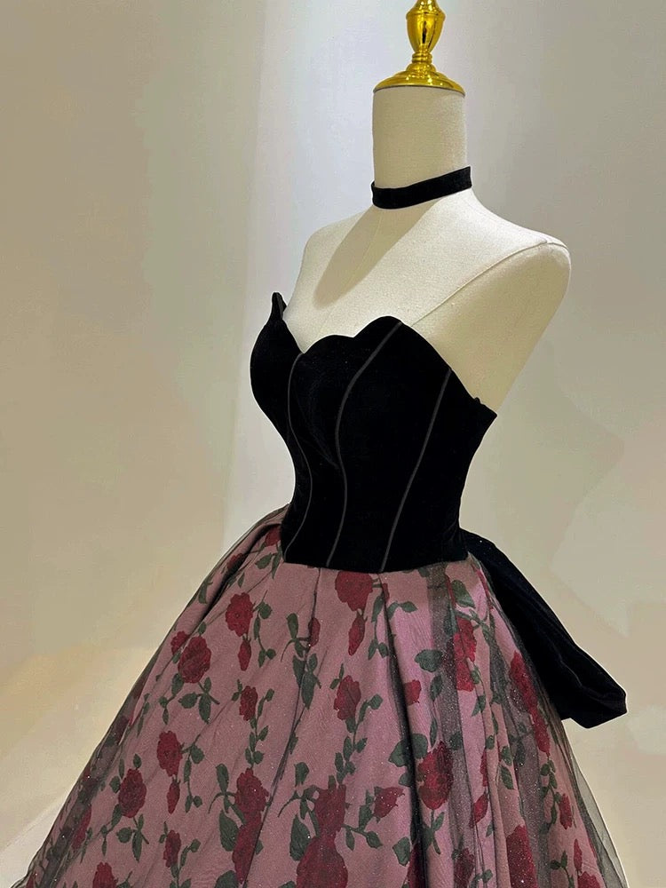 Sexy Ballkleid Sweetheart Schwarz Samt Rosa Blumen Prom Kleid Inspiration Lange Party Formale Prom Kleider AU216