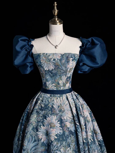 Charmante robe de bal à col carré en satin bleu, robe de bal d'inspiration princesse, robe de remise de diplôme AU224