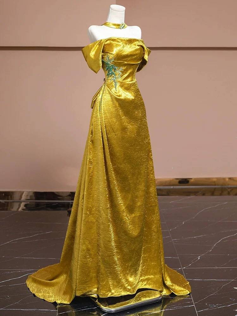Charmante Meerjungfrau aus der Schulter Gold Satin Prom Kleider Inspiration Prom Kleid Prinzessin Graduierung Kleid AU231