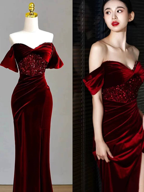 Charmante robe de bal sirène en velours bordeaux à épaules dénudées, robe de bal d'inspiration princesse, robe de remise de diplôme AU232