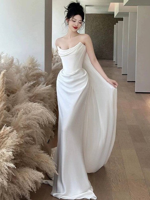 Robe de mariée sirène bustier en satin blanc, style conte de fées, longue, style automne, AU234