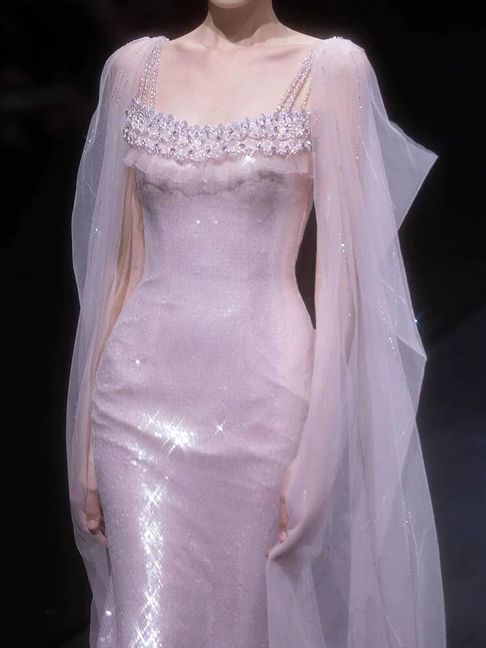 Robe de bal longue rose pâle à bretelles spaghetti et paillettes, style sirène, tenue de soirée pour 20e anniversaire, robe de remise de diplôme, AU237