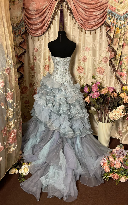 Retro Mermaid Strapless Silver Gray Lace Long Prom Dresses 80s 70s Party Prom Gowns AU237