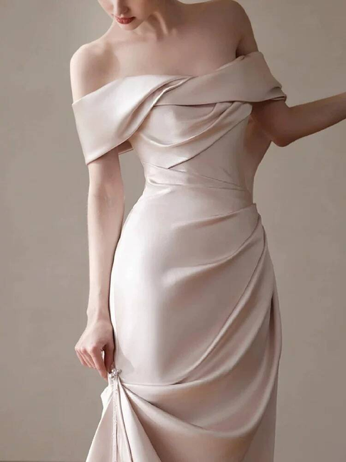 Modest Mermaid Off The Shoulder Light Pink Satin Wedding Dress Long Fairytale Autumn Wedding Dresses AU239