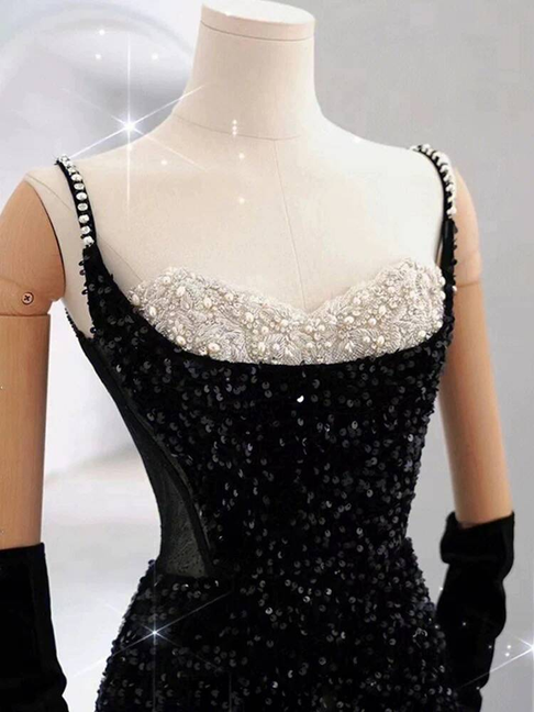 Bescheidene Meerjungfrau Schatz Pailletten Schwarz Lange Ballkleider Partykleid 21. Geburtstag Outfits Abschlusskleid AU242