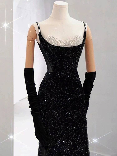 Modest Mermaid Sweetheart Sequin Black Long Prom Dresses Party Dress 21st Birthday Outfits Graduation Dress AU242