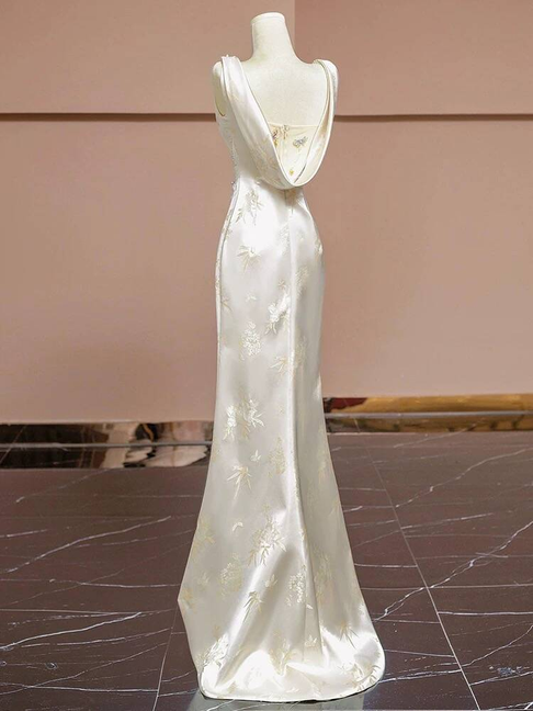 Vintage Mermaid Square Neck Satin Slit Long Prom Dresses Party Dress 20th Birthday Outfits Graduation Dress AU246