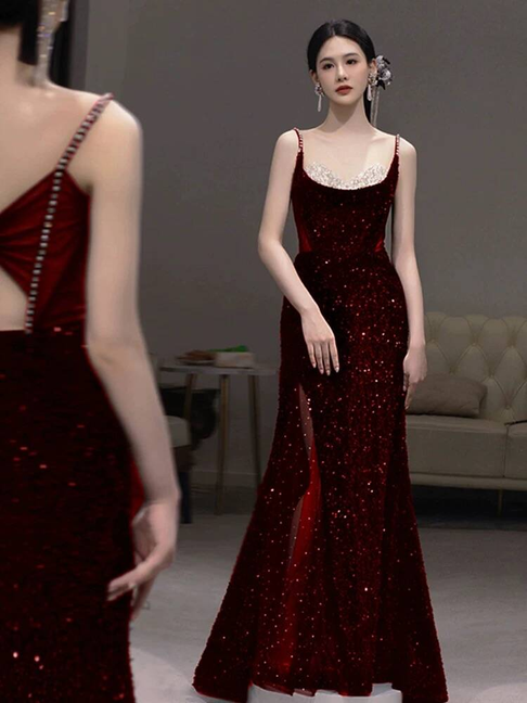 Robe de bal longue rouge vin à bretelles spaghetti et paillettes, style sirène, tenue de soirée pour 21e anniversaire, robe de remise de diplôme, AU247