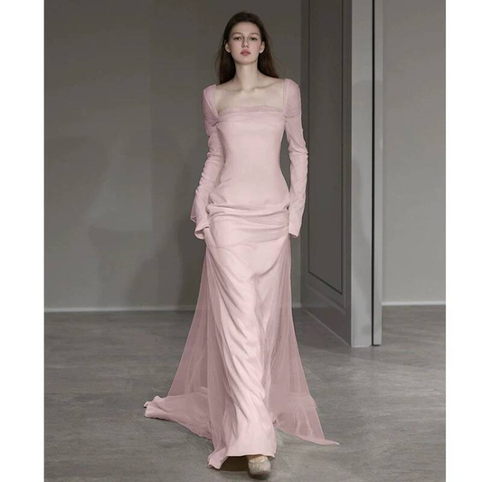 Modest Mermaid Square Neck White Wedding Dress Long Sleeves Fairytale Autumn Wedding Dresses AU252