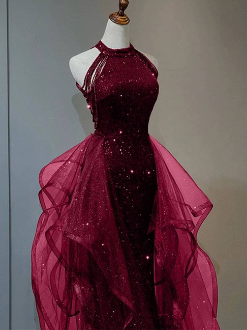 Robe de bal modeste, col haut, bordeaux, paillettes, longue, robe de soirée, tenue de 21e anniversaire, robe de remise de diplôme, AU259