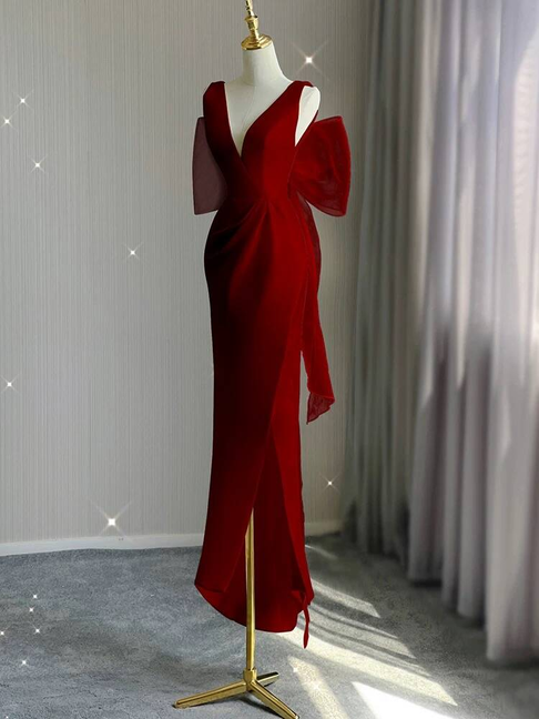 Simple Sheath V Neck Red Satin Long Prom Dresses Party Dress 21st Birthday Outfits Graduation Dress AU261