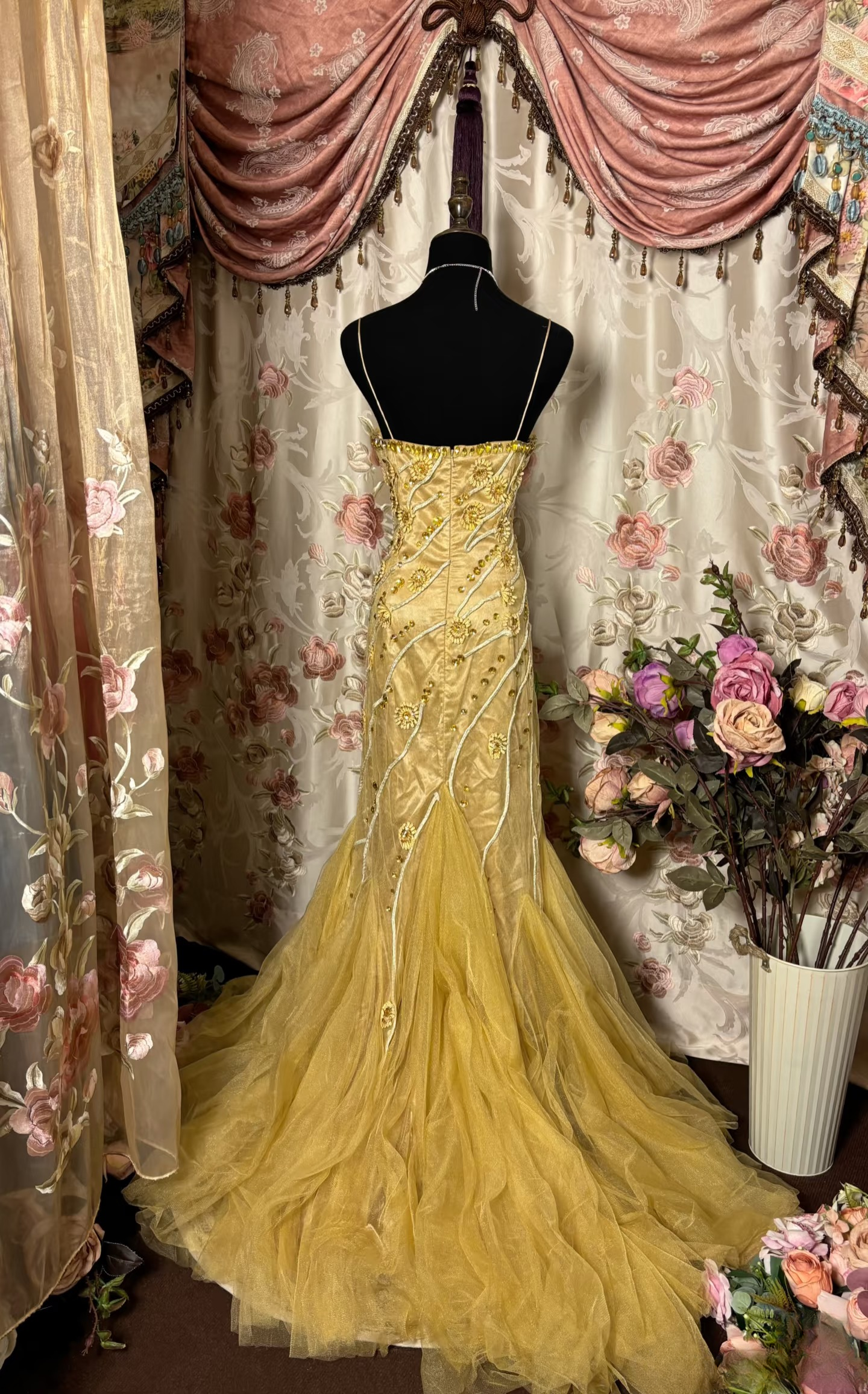Vintage Mermaid Spaghetti Strap Gold Tulle With Beads Gem Long Prom Dresses Formal Party Teens Evening Gowns AU268