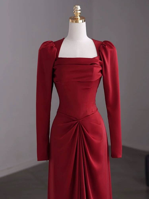 Robe de bal longue en satin rouge, style sirène, col carré, style princesse, robe de soirée, de remise de diplôme, AU272