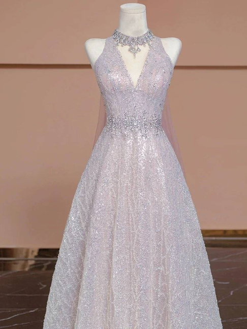 Sexy Ballkleid mit V-Ausschnitt, hellrosa, ärmellos, Pailletten, lange Ballkleider, Partykleid, 21. Geburtstag, Outfits, Abschlusskleid AU273