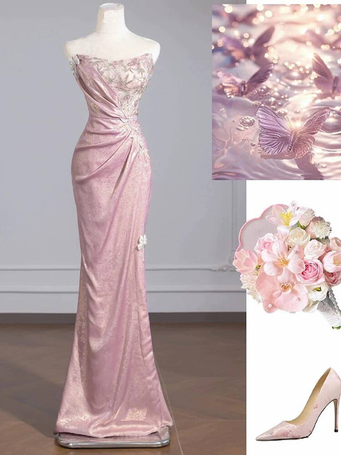 Sexy Meerjungfrau Trägerloses Rosa Ärmelloses Pailletten Langes Ballkleid Partykleid 21. Geburtstag Outfits Abschlusskleid AU274