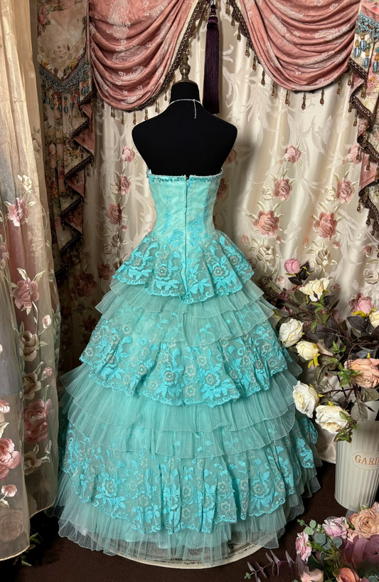 Vintage Ball Gown Strapless Blue Tulle With Beads Prom Dress Long Quinceanera Dresses Sweet 15 16 Gown AU274