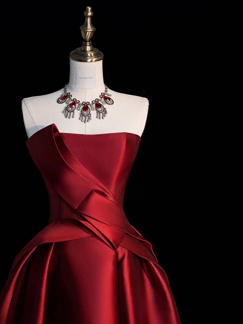 Vintage Ball Gown Strapless Burgundy Satin Prom Dresses Party Dress 21st Birthday Outfits Graduation Dress AU283