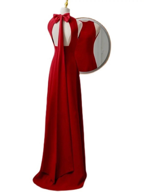 Schlichtes A-Linien-Tüll-Abendkleid mit U-Ausschnitt, rückenfreies rotes Chiffon, langes Ballkleid, Partykleid, Prinzessinnen-Abschlusskleid, AU289