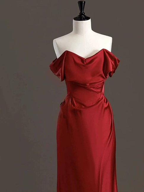 Bescheidene Meerjungfrau aus der Schulter Burgund Satin Ballkleider Partykleid 21. Geburtstag Outfits Abschlusskleid AU291