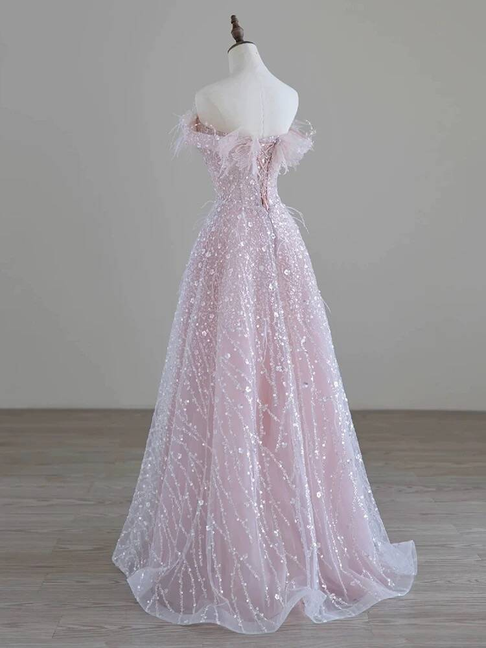Beautiful A line Off The Shoulder Sequin Light Pink Prom Dresses Inspiration Prom Dress Princess Graduation Dress AU295