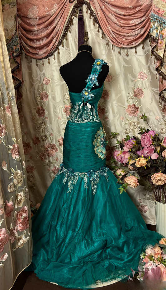 Vintage Mermaid One Shoulder Dark Green Sleeveless Long Prom Dresses Formal Party Teens Evening Gowns AU298