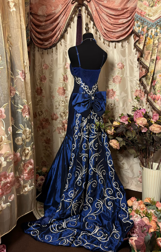 Vintage Mermaid Spaghetti Straps Royal Blue Taffeta Sleeveless Long Prom Dresses Formal Party Teens Evening Gowns AU299