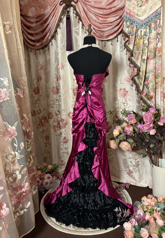 Vintage Mermaid Strapless Fuchsia Satin 70s Sleeveless With Ruffles Long Prom Dresses Formal Evening Gowns AU300