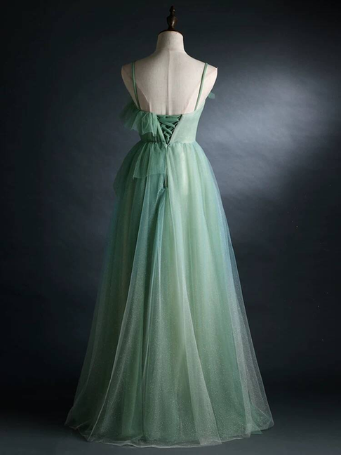 Modest A Line Spaghetti Straps Green Tulle Sleeveless Prom Dresses Party Dress 22th Birthday Outfits Graduation Dress AU301